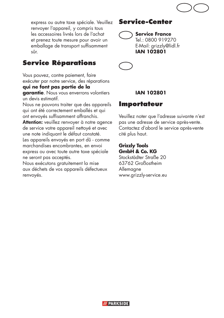 Ch fr, Service réparations, Service-center | Importateur | Parkside PFR 30 A1 User Manual | Page 15 / 30