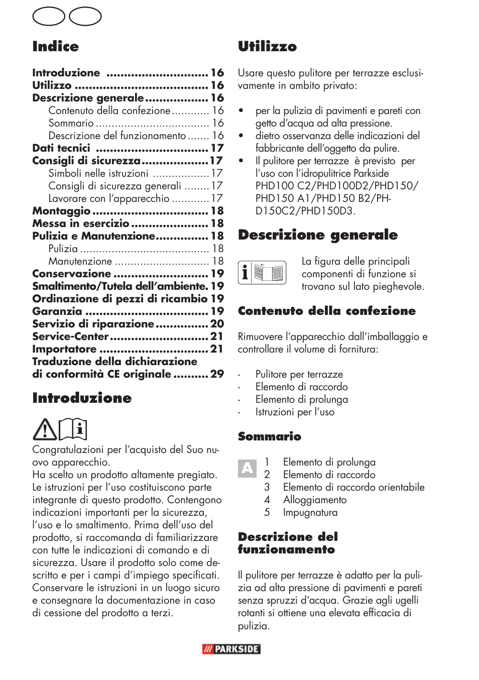 Ch it utilizzo, Descrizione generale, Introduzione | Indice | Parkside PFR 30 A1 User Manual | Page 16 / 30