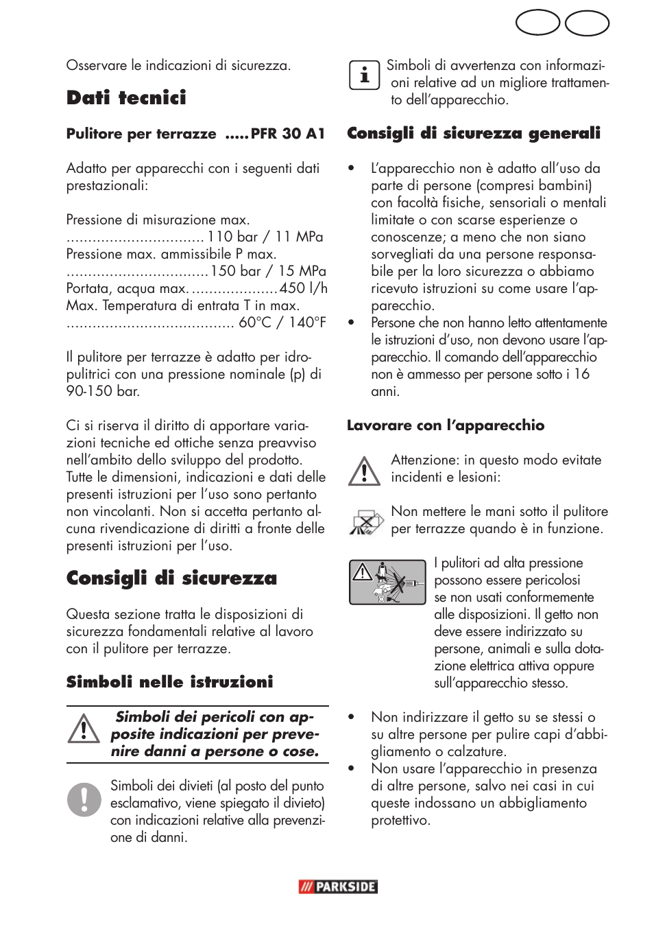 Ch it, Dati tecnici, Consigli di sicurezza | Parkside PFR 30 A1 User Manual | Page 17 / 30