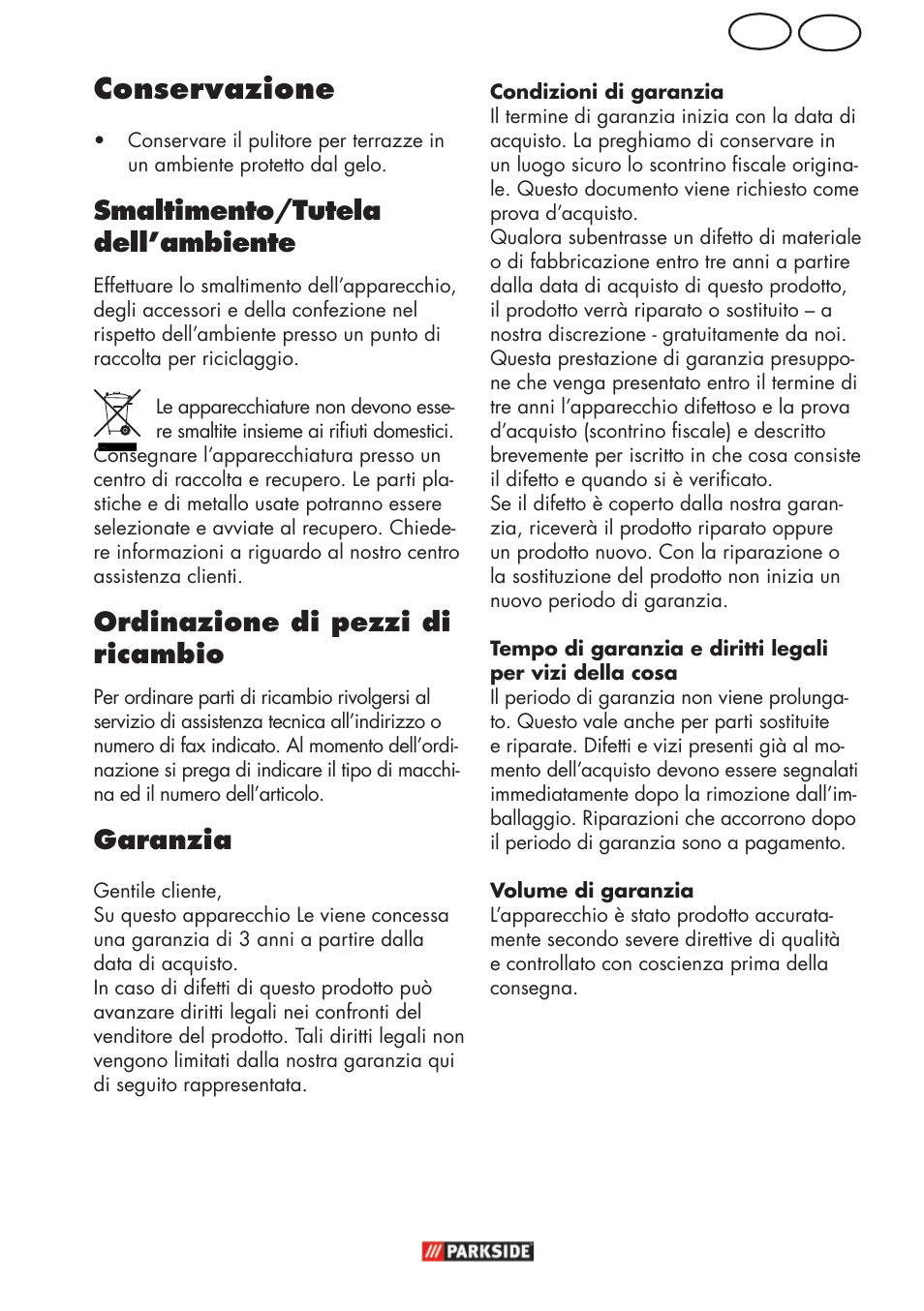 Conservazione, Ch it, Smaltimento/tutela dell’ambiente | Ordinazione di pezzi di ricambio, Garanzia | Parkside PFR 30 A1 User Manual | Page 19 / 30