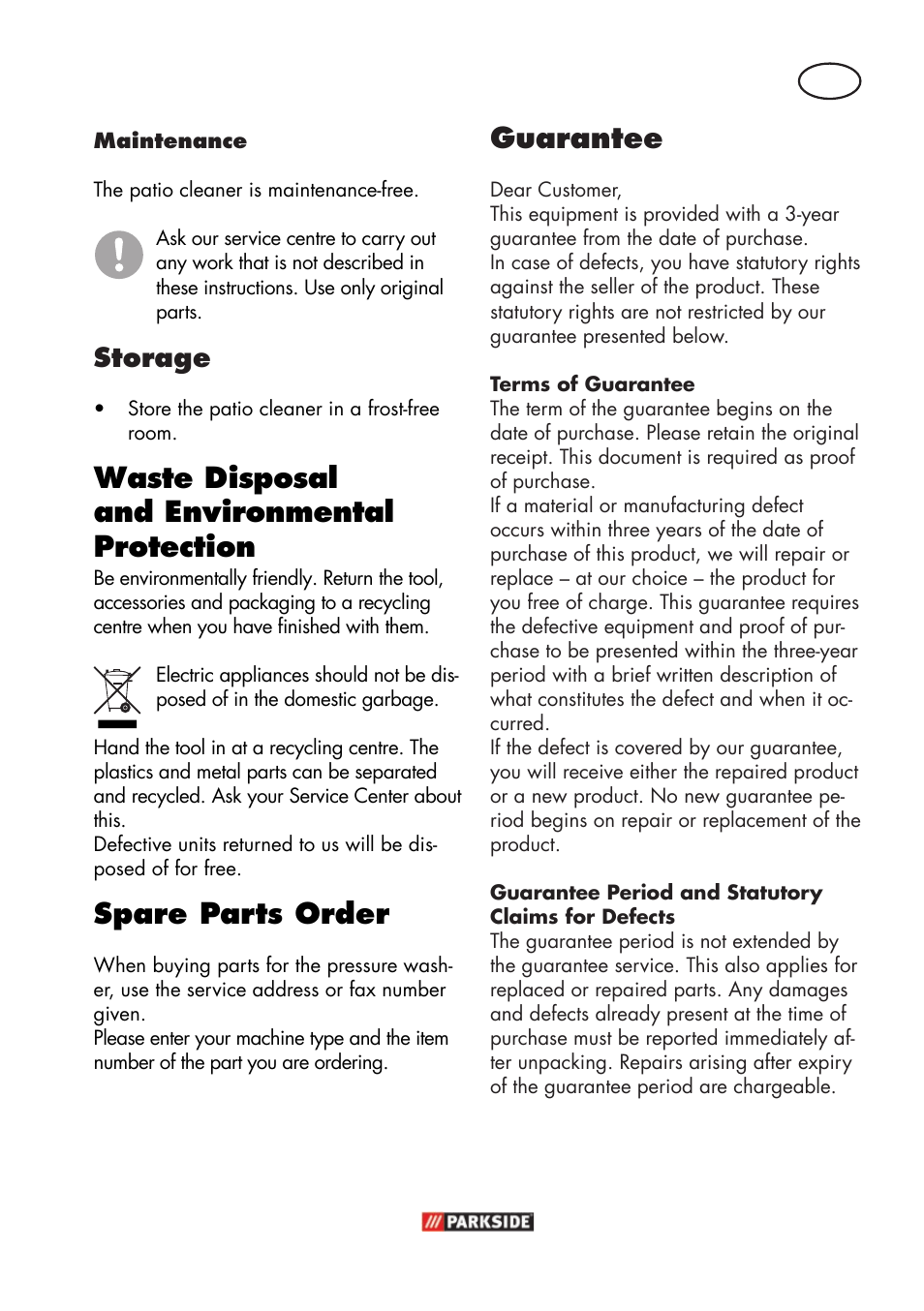 Waste disposal and environmental protection, Spare parts order, Guarantee | Storage | Parkside PFR 30 A1 User Manual | Page 25 / 30