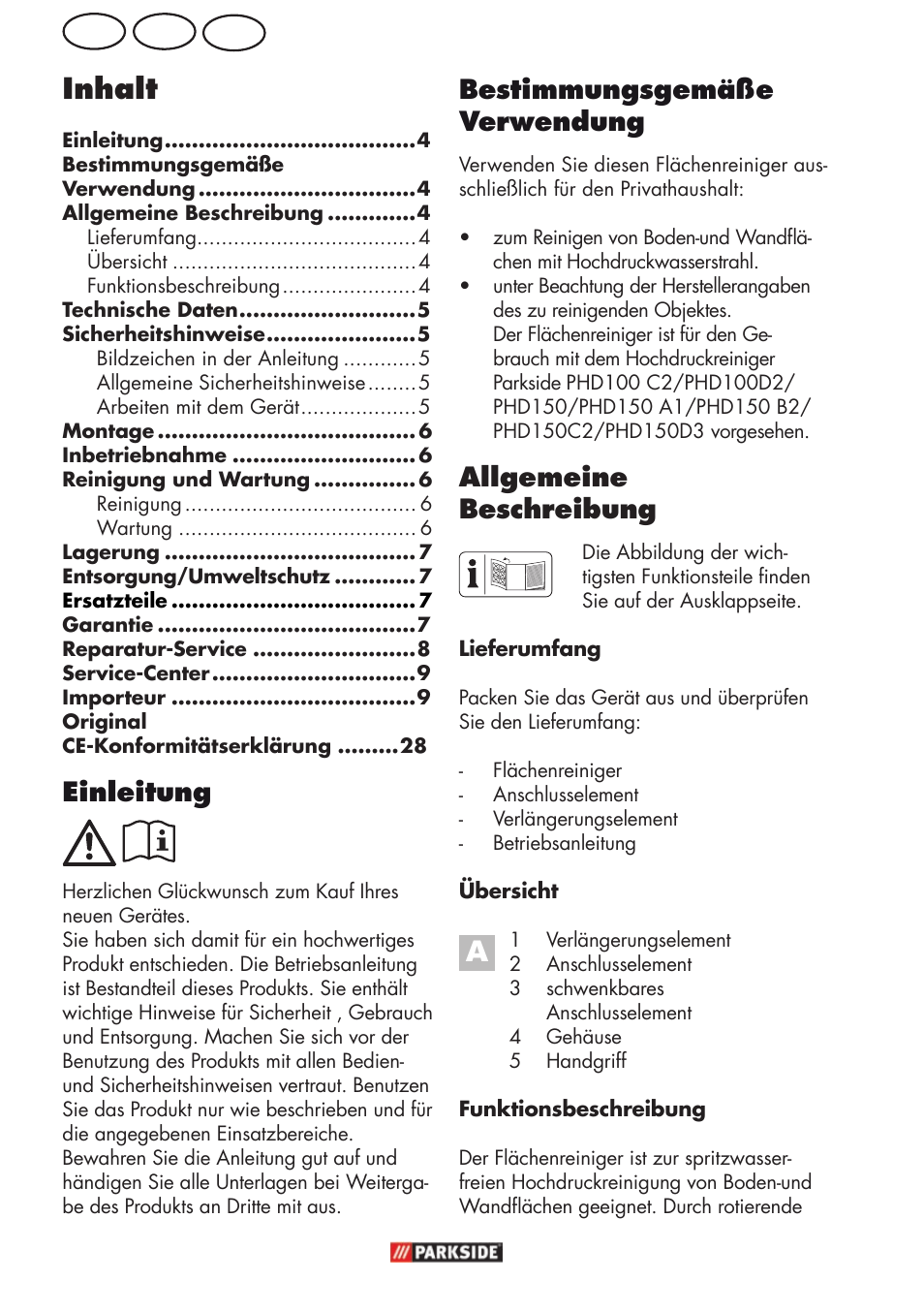 Inhalt, Ch at de bestimmungsgemäße verwendung, Allgemeine beschreibung | Einleitung | Parkside PFR 30 A1 User Manual | Page 4 / 30