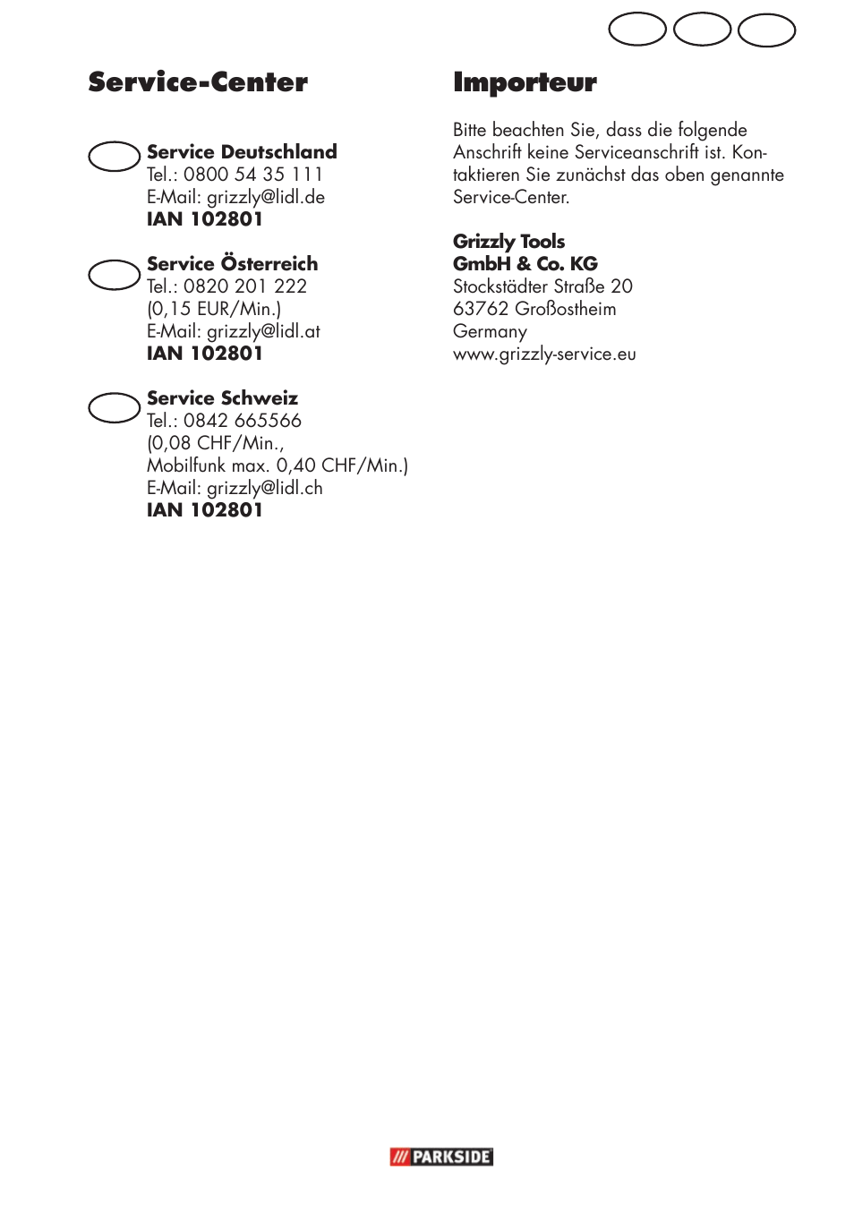 Service-center, Importeur, Ch at de | Parkside PFR 30 A1 User Manual | Page 9 / 30