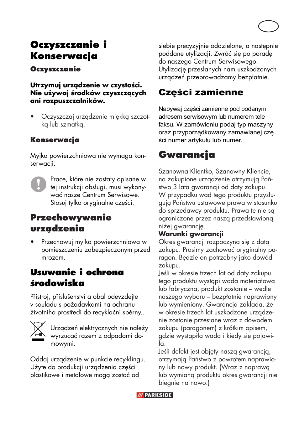 Oczyszczanie i konserwacja, Gwarancja, Przechowywanie urządzenia | Usuwanie i ochrona środowiska, Części zamienne | Parkside PFR 30 A1 User Manual | Page 13 / 46