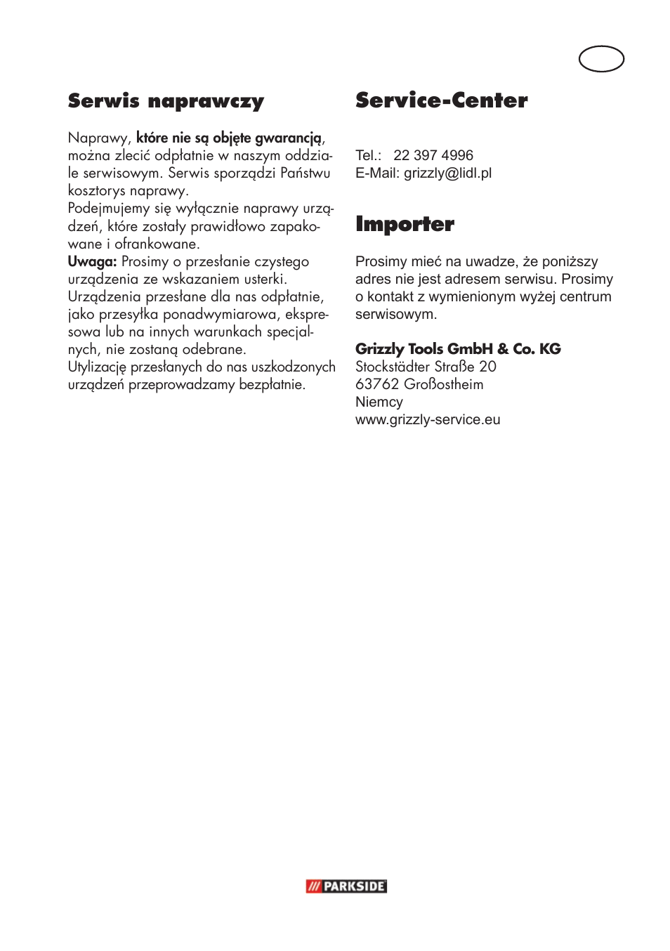 Service-center, Importer, Pl serwis naprawczy | Parkside PFR 30 A1 User Manual | Page 15 / 46