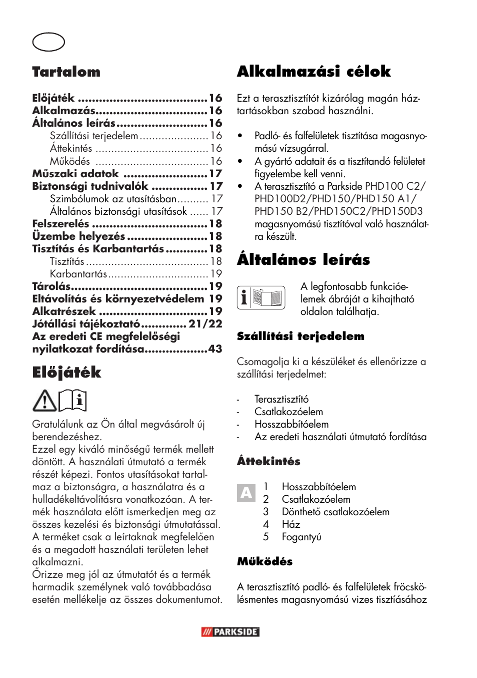 Alkalmazási célok, Általános leírás, Előjáték | Tartalom | Parkside PFR 30 A1 User Manual | Page 16 / 46