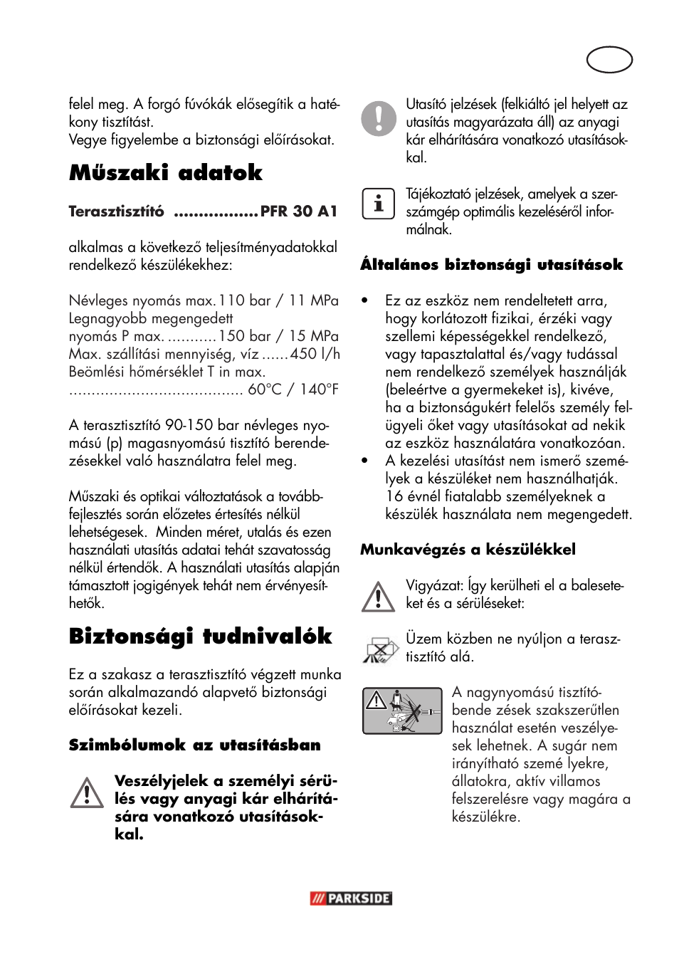 Műszaki adatok, Biztonsági tudnivalók | Parkside PFR 30 A1 User Manual | Page 17 / 46
