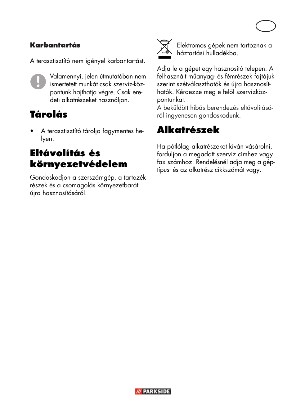 Tárolás, Eltávolítás és környezetvédelem, Alkatrészek | Parkside PFR 30 A1 User Manual | Page 19 / 46