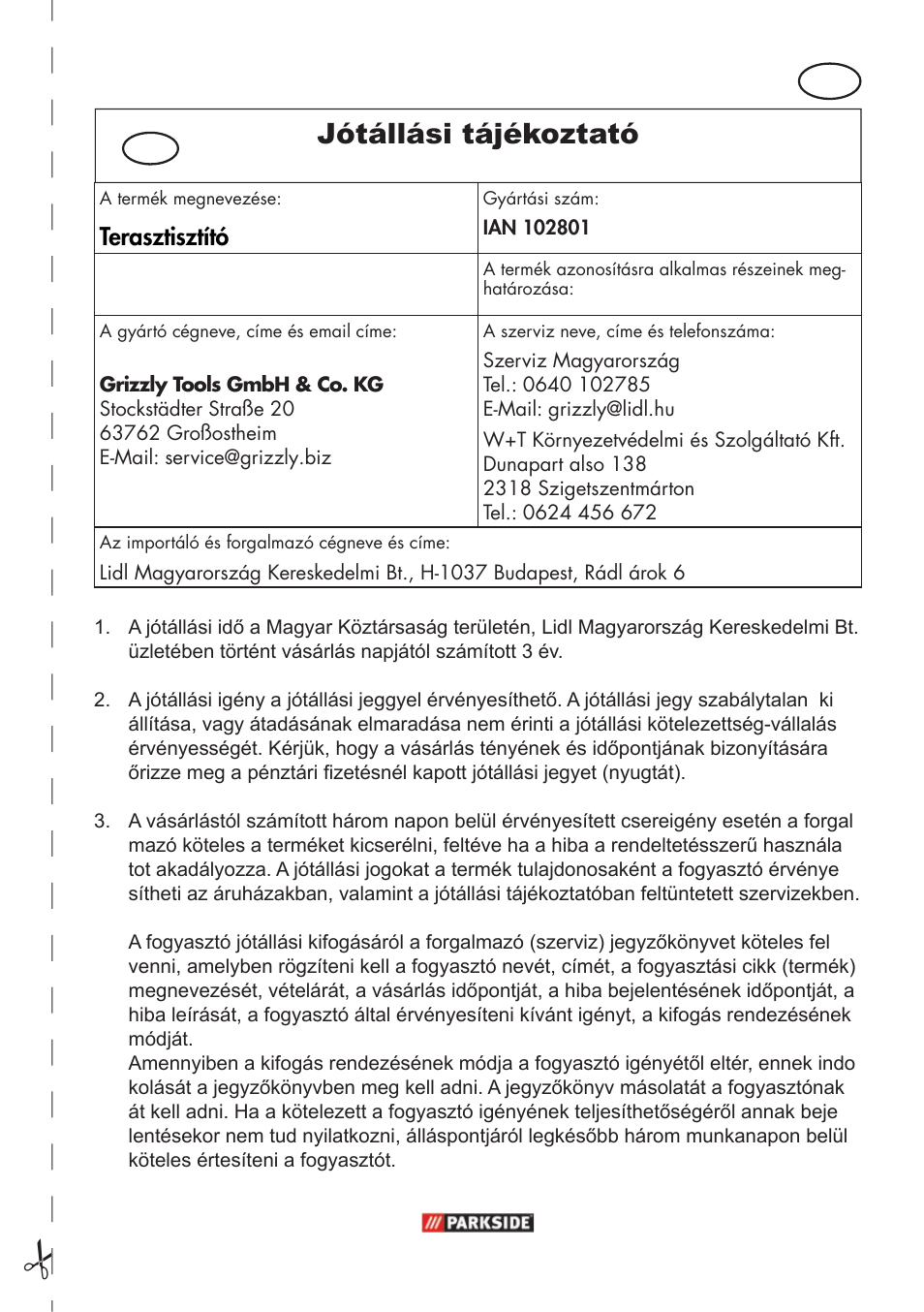 Jótállási tájékoztató | Parkside PFR 30 A1 User Manual | Page 21 / 46