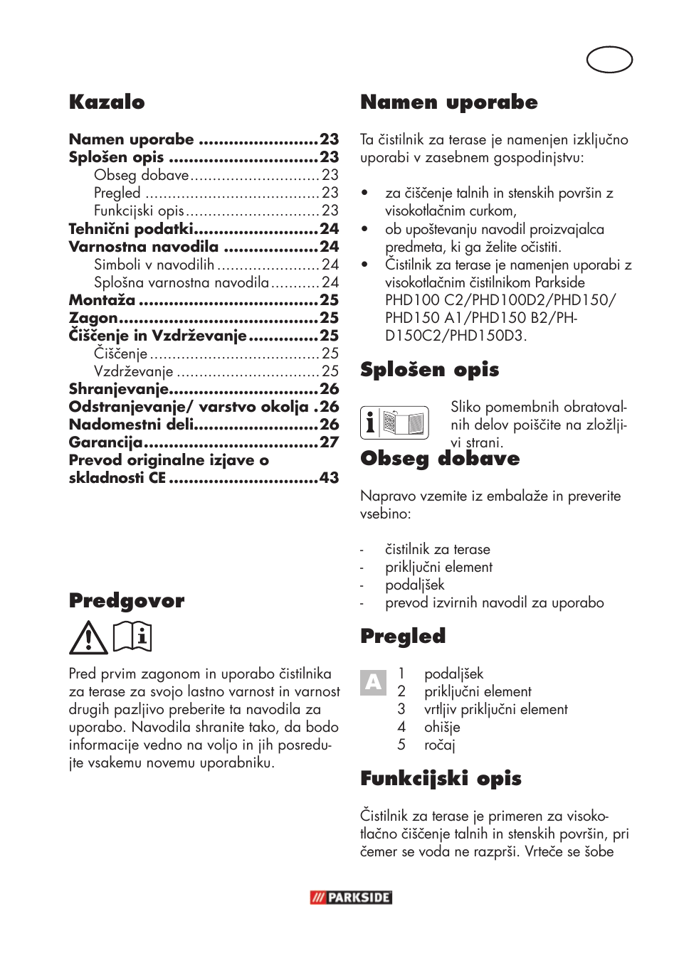 Si namen uporabe, Splošen opis, Obseg dobave | Pregled, Funkcijski opis, Predgovor, Kazalo | Parkside PFR 30 A1 User Manual | Page 23 / 46