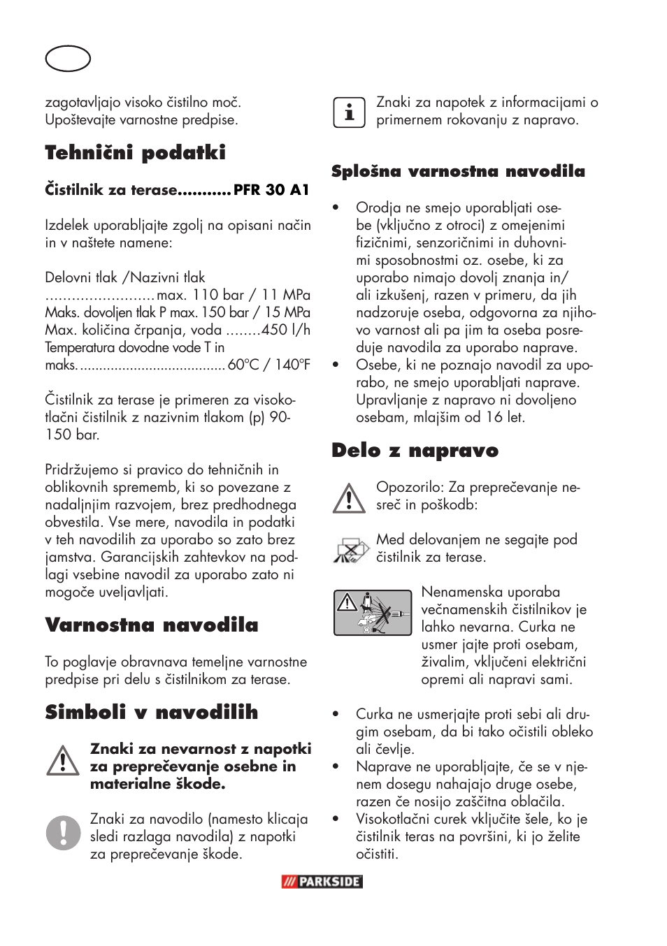 Delo z napravo, Tehnični podatki, Varnostna navodila | Simboli v navodilih | Parkside PFR 30 A1 User Manual | Page 24 / 46