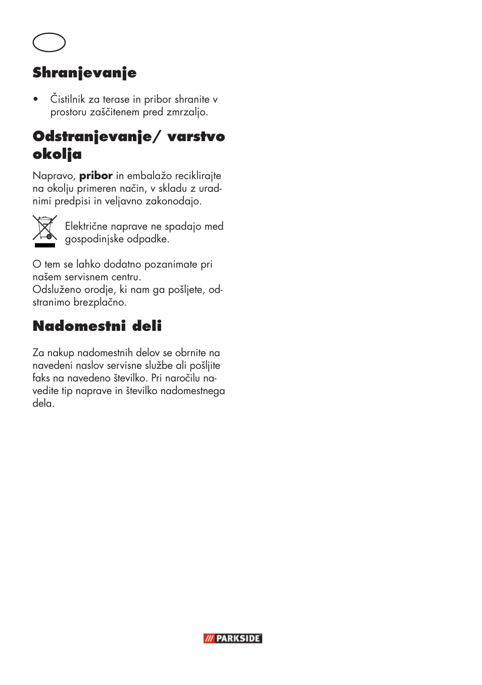 Si shranjevanje, Odstranjevanje/ varstvo okolja, Nadomestni deli | Parkside PFR 30 A1 User Manual | Page 26 / 46