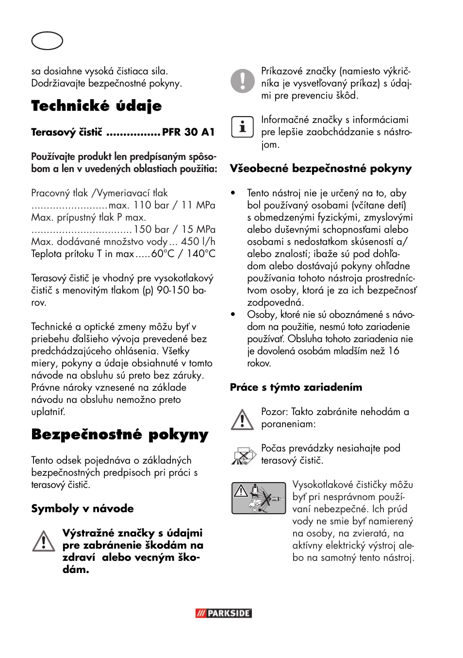 Technické údaje, Bezpečnostné pokyny | Parkside PFR 30 A1 User Manual | Page 30 / 46