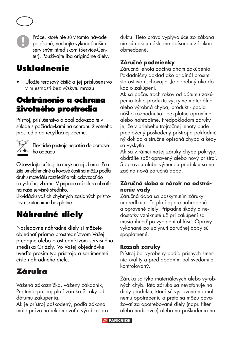 Uskladnenie, Odstránenie a ochrana životného prostredia, Náhradné diely | Záruka | Parkside PFR 30 A1 User Manual | Page 32 / 46