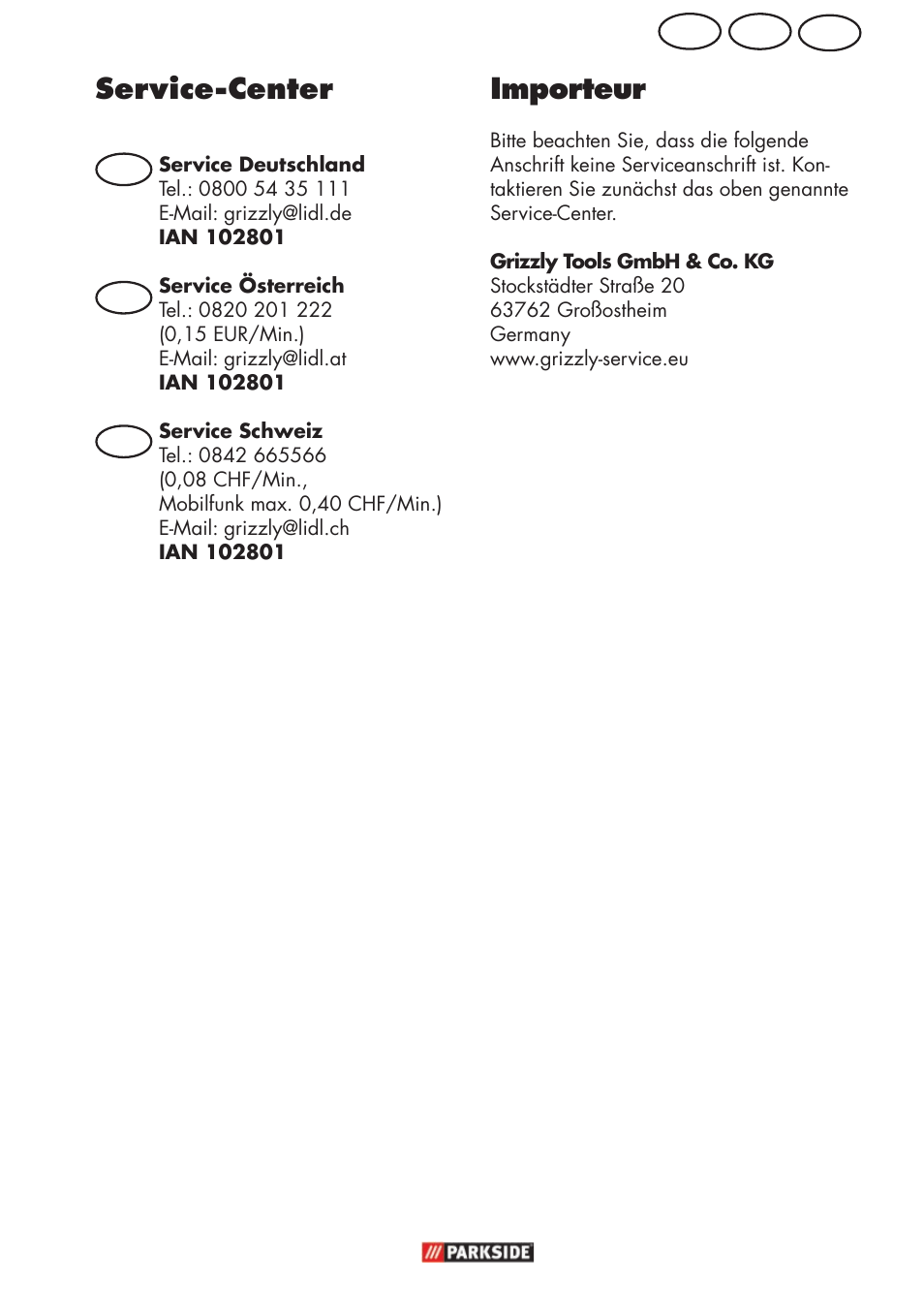 Service-center, Importeur, Ch at de | Parkside PFR 30 A1 User Manual | Page 39 / 46