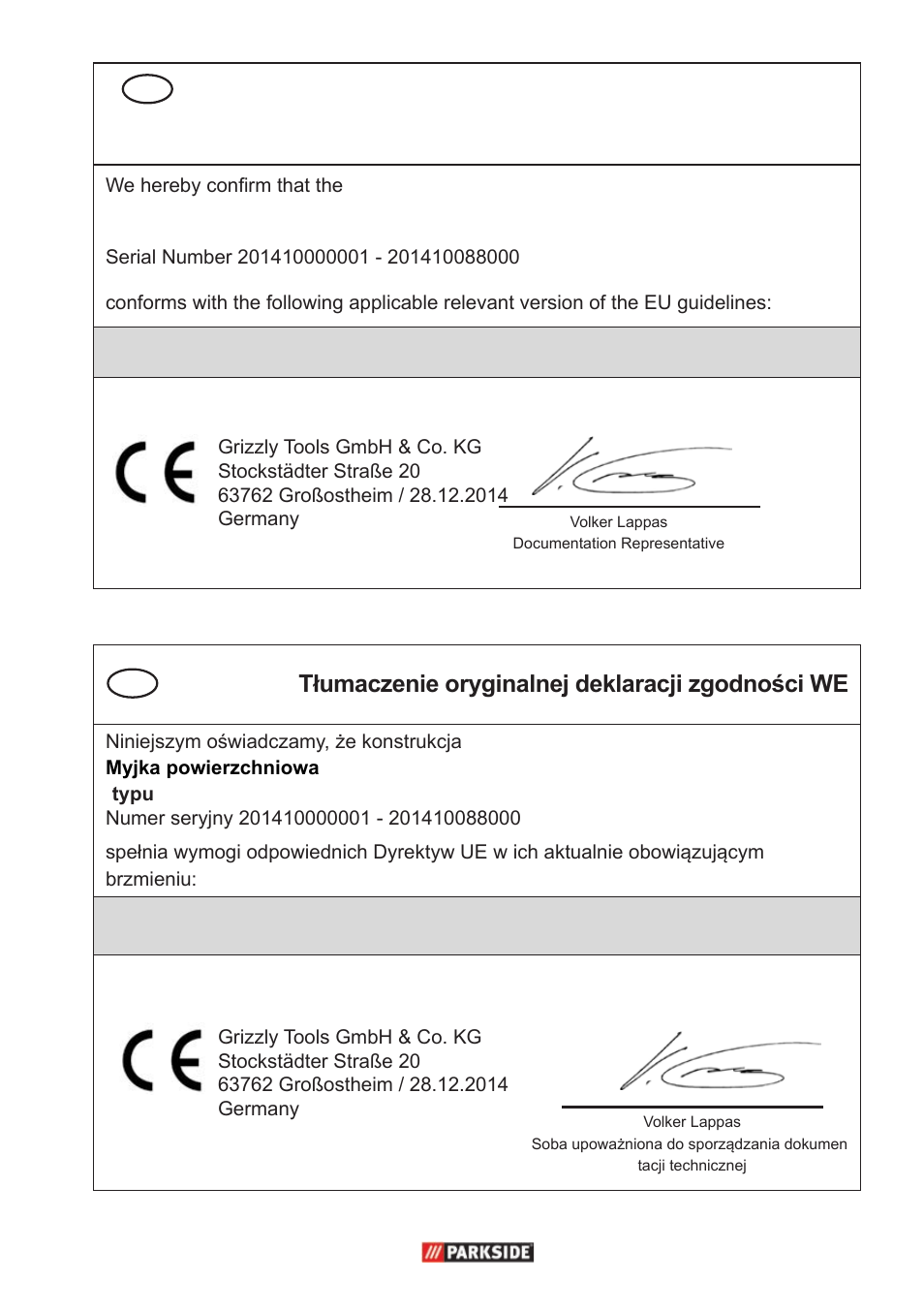 Tłumaczenie oryginalnej deklaracji zgodności we | Parkside PFR 30 A1 User Manual | Page 41 / 46