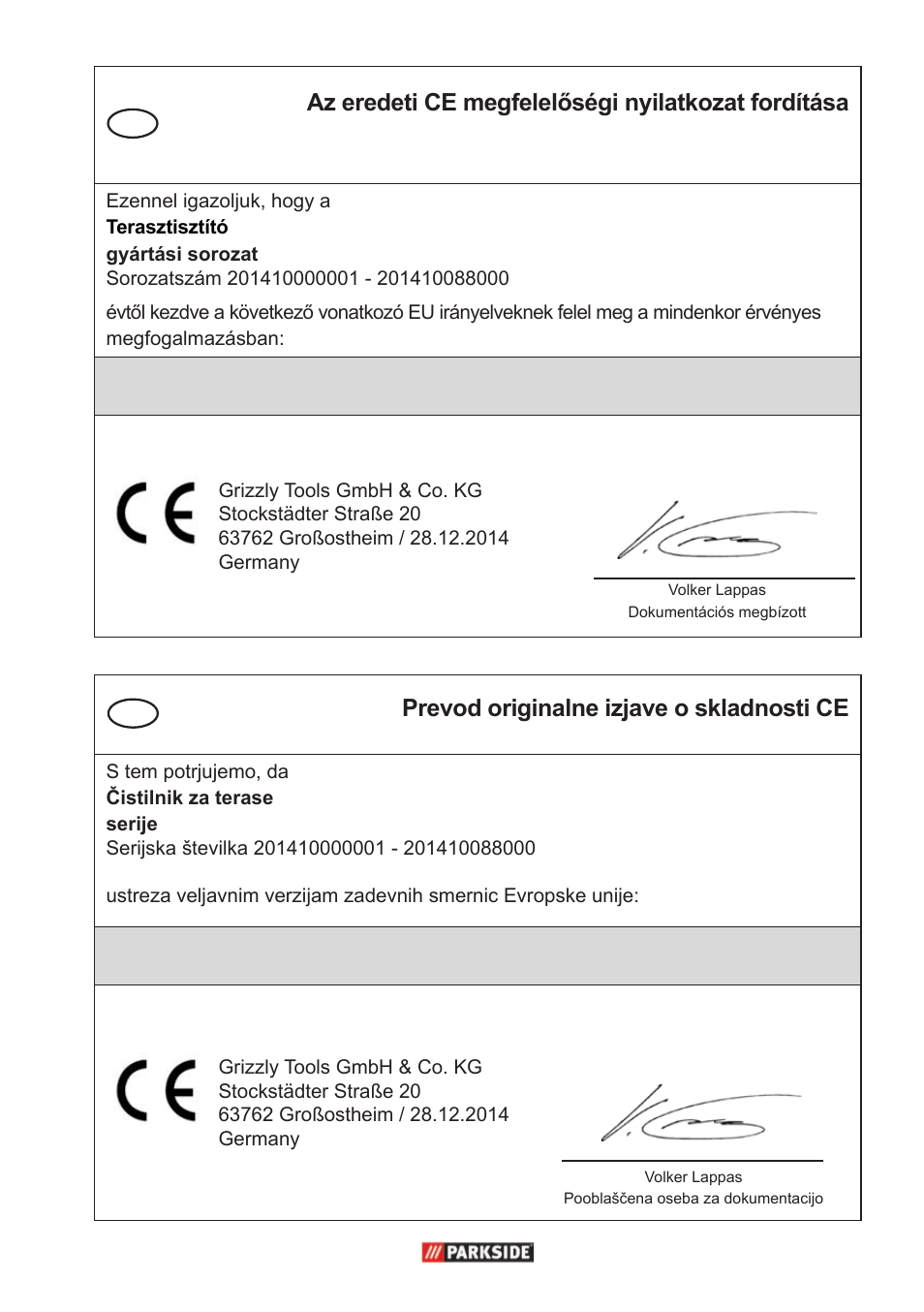 Az eredeti ce megfelelőségi nyilatkozat fordítása, Prevod originalne izjave o skladnosti ce | Parkside PFR 30 A1 User Manual | Page 43 / 46