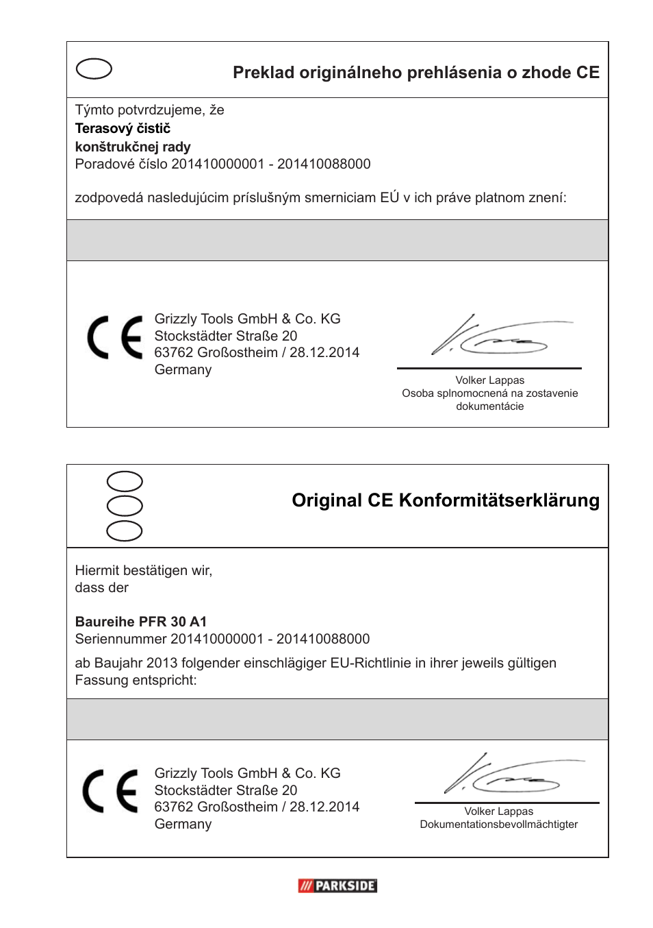 Original ce konformitätserklärung, Preklad originálneho prehlásenia o zhode ce | Parkside PFR 30 A1 User Manual | Page 45 / 46