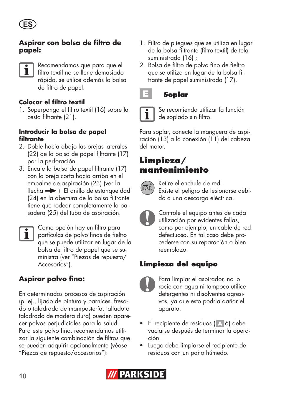 Limpieza/ mantenimiento | Parkside PNTS 1300 C3 User Manual | Page 10 / 68