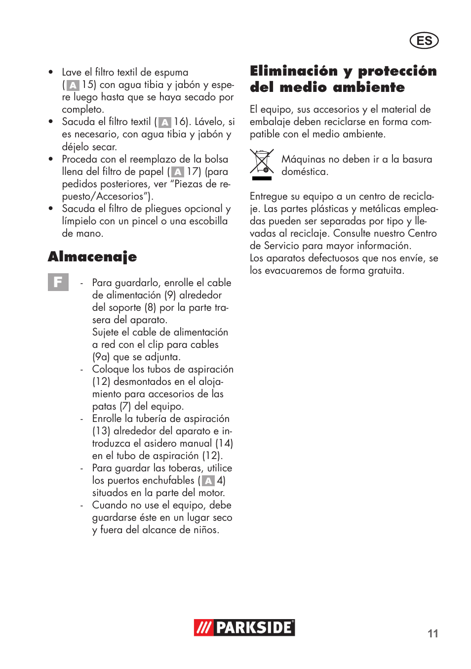 Almacenaje, Eliminación y protección del medio ambiente | Parkside PNTS 1300 C3 User Manual | Page 11 / 68