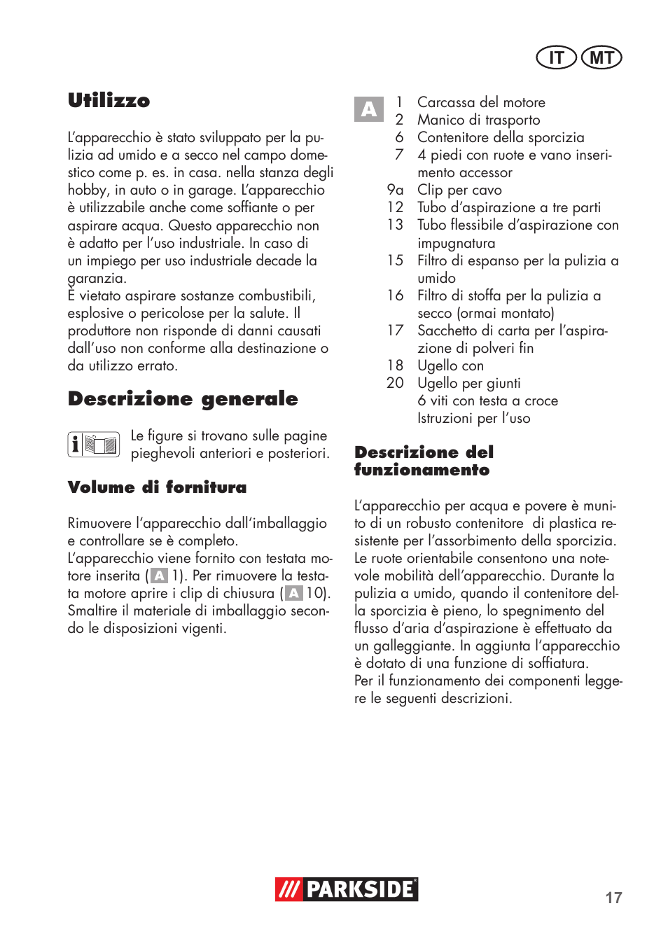 Utilizzo, Descrizione generale, It mt | Parkside PNTS 1300 C3 User Manual | Page 17 / 68