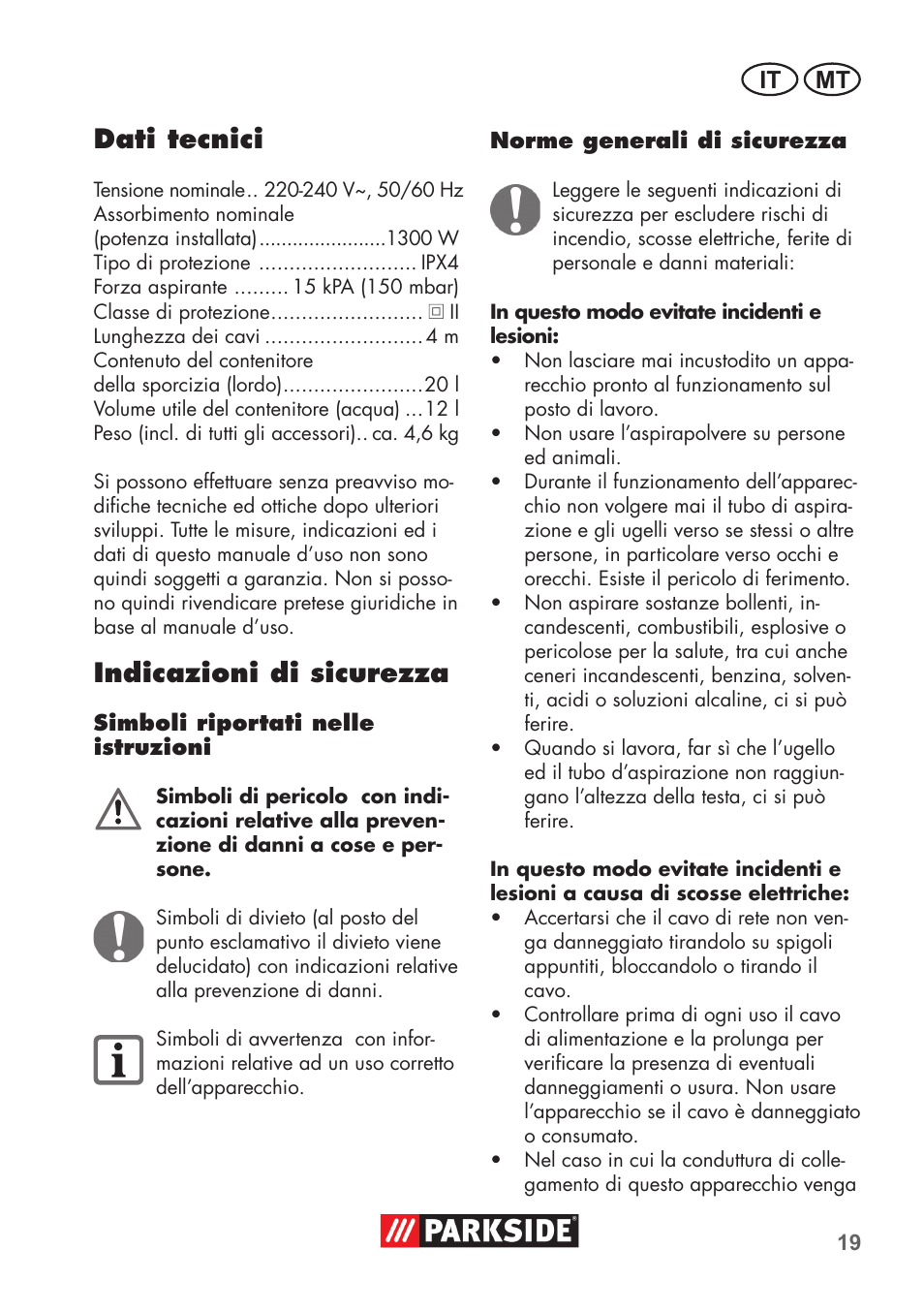 Dati tecnici, Indicazioni di sicurezza, It mt | Parkside PNTS 1300 C3 User Manual | Page 19 / 68