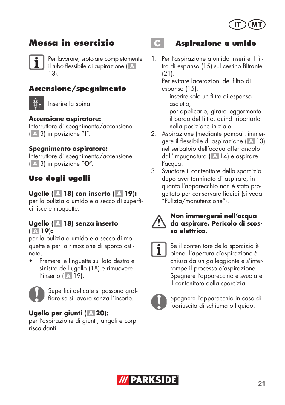Messa in esercizio, It mt | Parkside PNTS 1300 C3 User Manual | Page 21 / 68