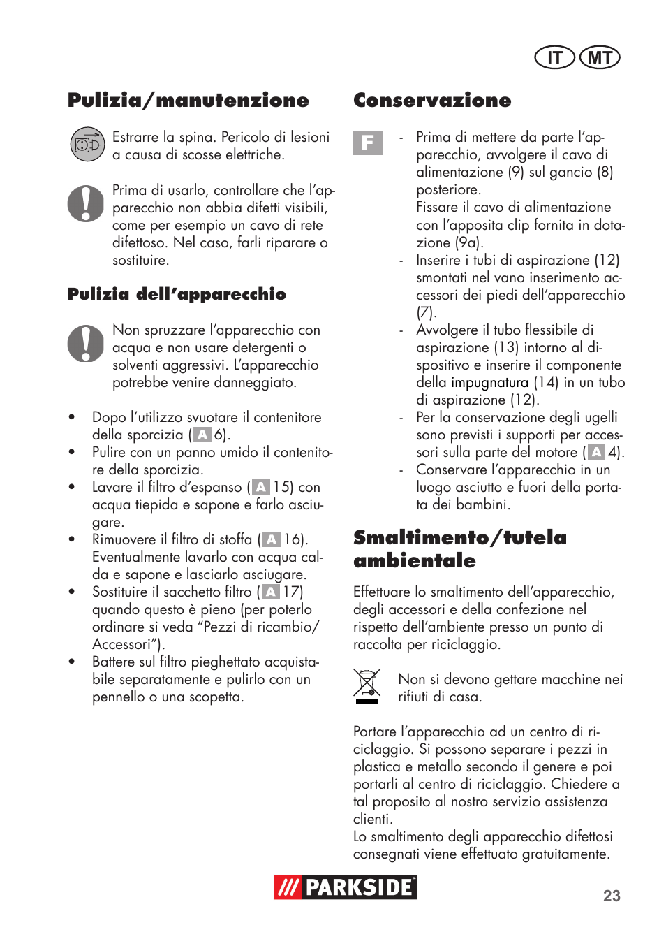 Pulizia/manutenzione, Conservazione, Smaltimento/tutela ambientale | It mt | Parkside PNTS 1300 C3 User Manual | Page 23 / 68