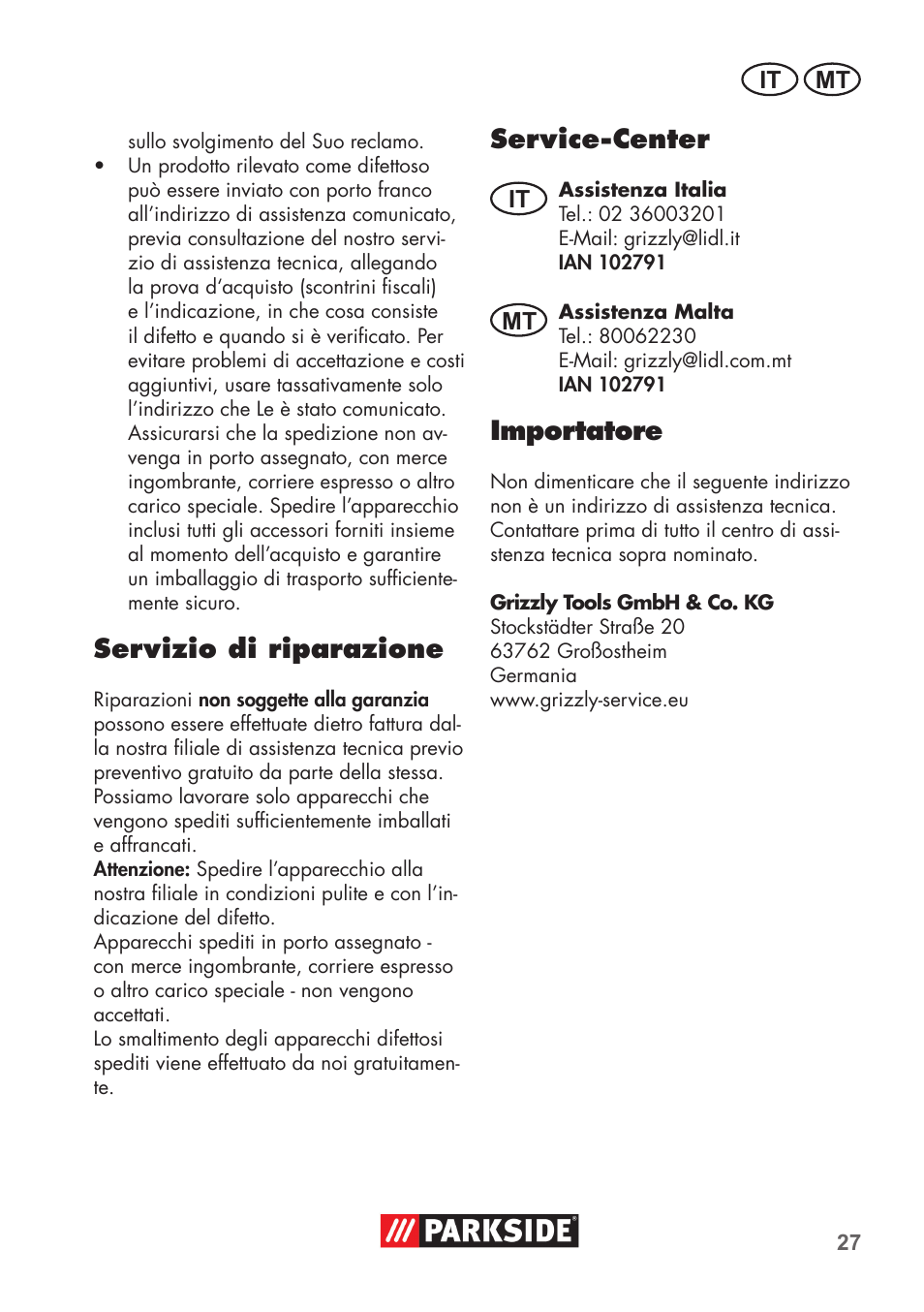 Servizio di riparazione, Service-center, Importatore | Parkside PNTS 1300 C3 User Manual | Page 27 / 68