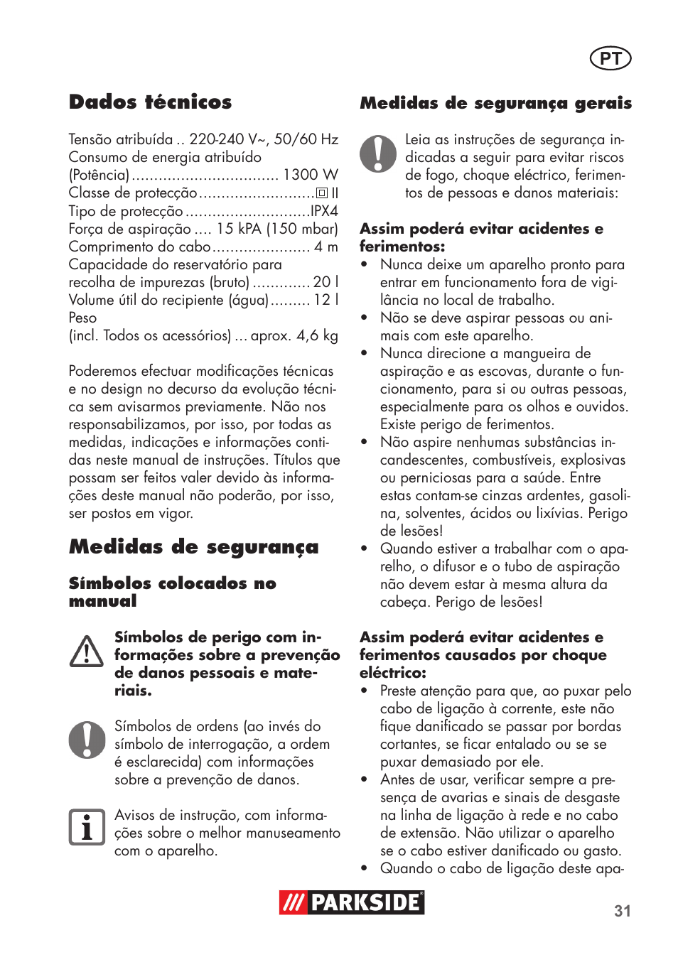 Dados técnicos, Medidas de segurança | Parkside PNTS 1300 C3 User Manual | Page 31 / 68