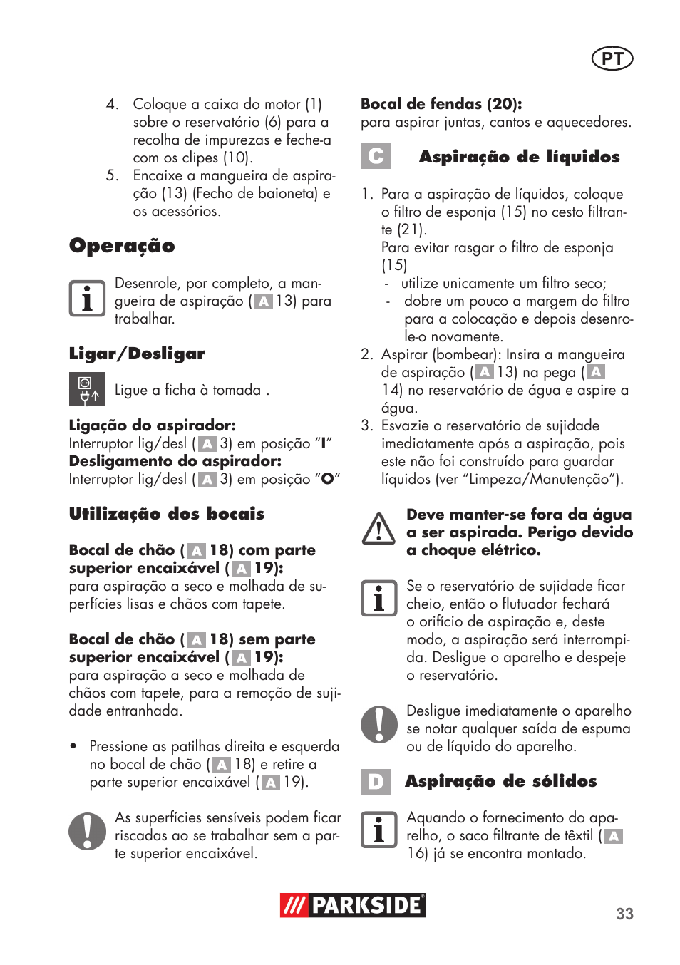 Operação | Parkside PNTS 1300 C3 User Manual | Page 33 / 68