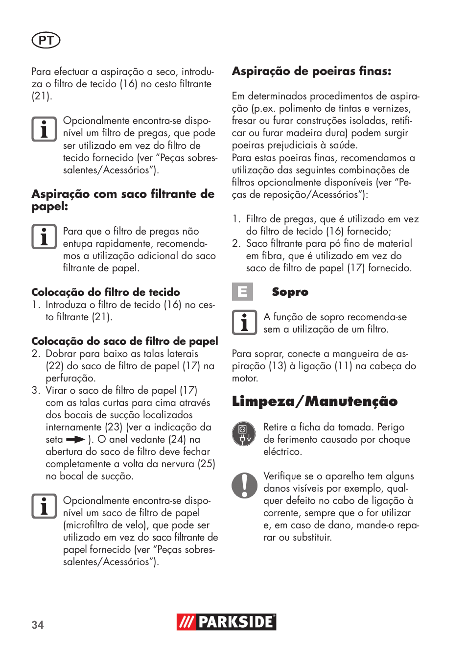 Limpeza/manutenção | Parkside PNTS 1300 C3 User Manual | Page 34 / 68