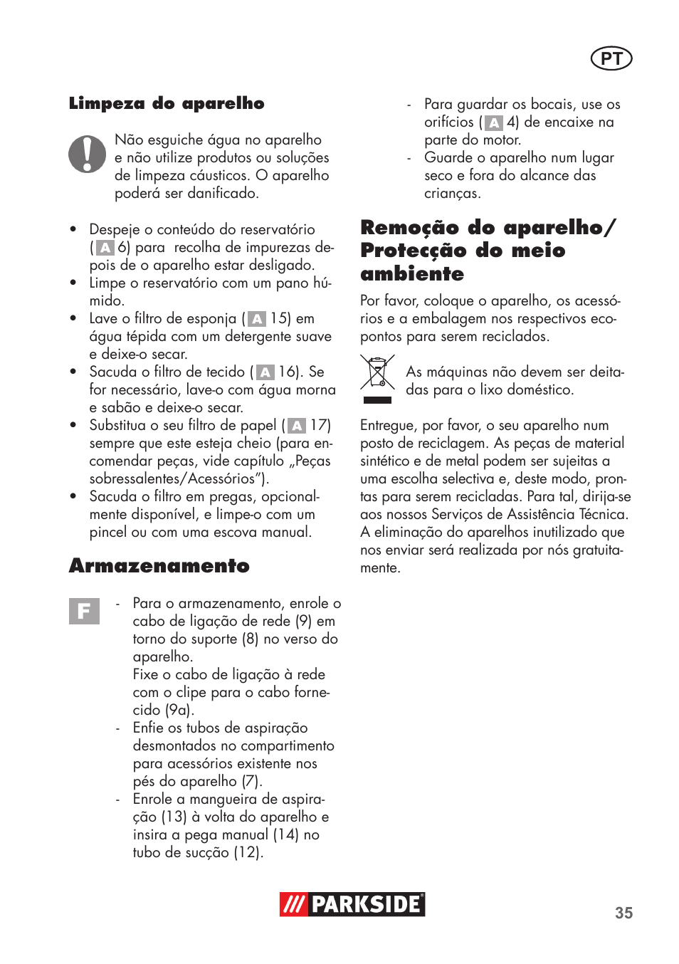 Armazenamento, Remoção do aparelho/ protecção do meio ambiente | Parkside PNTS 1300 C3 User Manual | Page 35 / 68