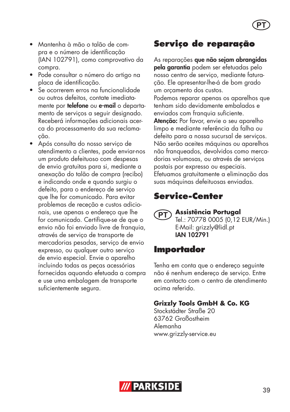 Serviço de reparação, Service-center, Importador | Parkside PNTS 1300 C3 User Manual | Page 39 / 68