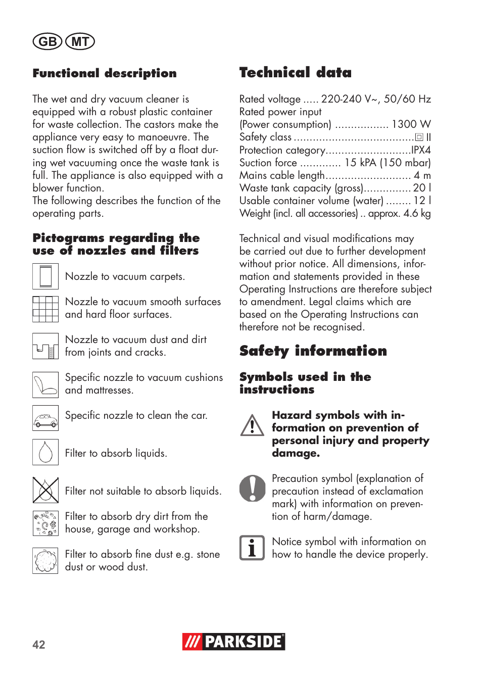 Technical data, Safety information, Gb mt | Parkside PNTS 1300 C3 User Manual | Page 42 / 68