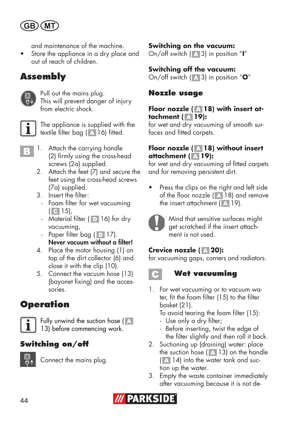Assembly, Operation, Gb mt | Parkside PNTS 1300 C3 User Manual | Page 44 / 68
