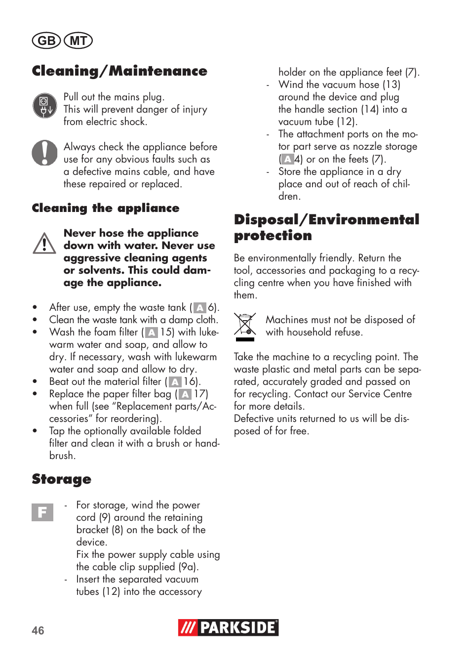 Cleaning/maintenance, Storage, Disposal/environmental protection | Gb mt | Parkside PNTS 1300 C3 User Manual | Page 46 / 68