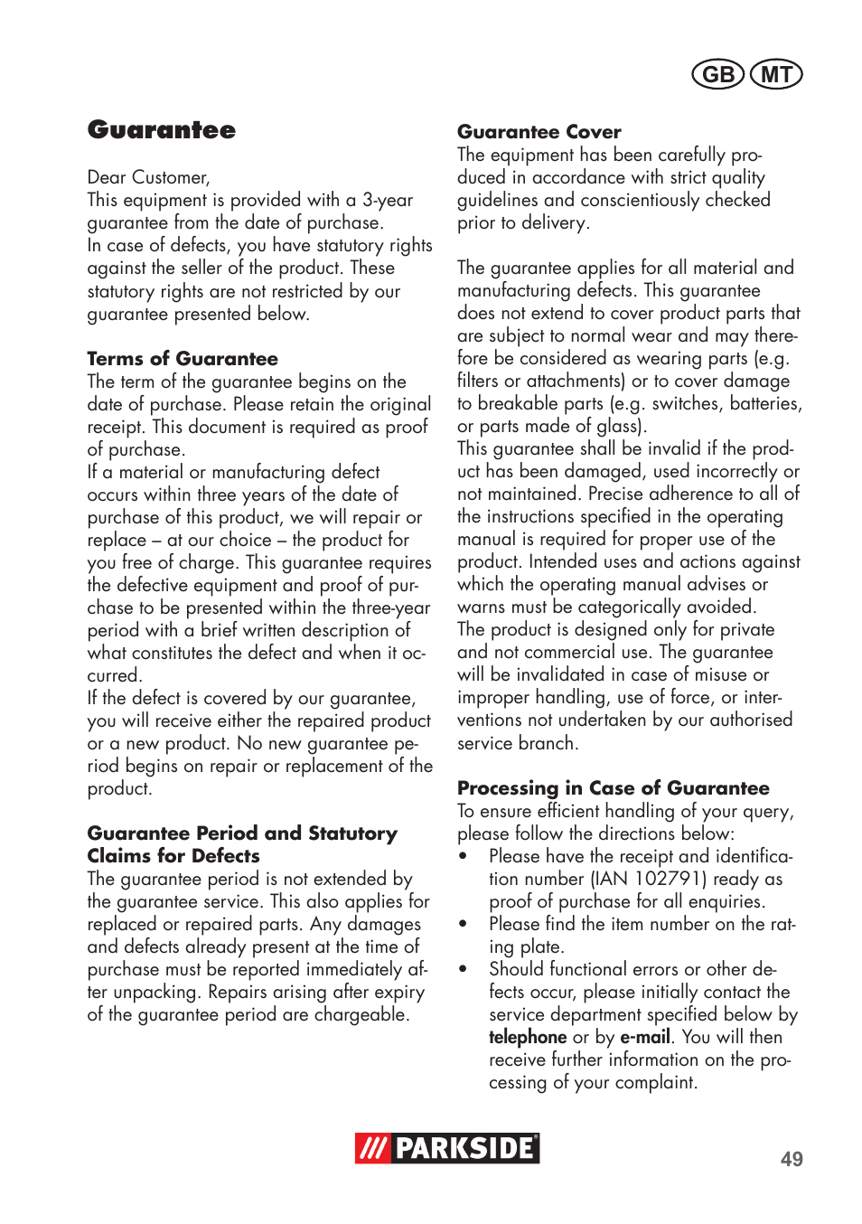 Guarantee, Gb mt | Parkside PNTS 1300 C3 User Manual | Page 49 / 68