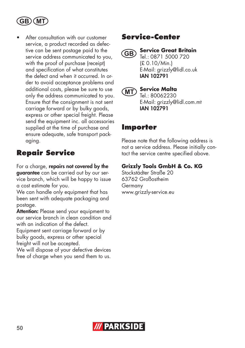 Repair service, Service-center, Importer | Parkside PNTS 1300 C3 User Manual | Page 50 / 68