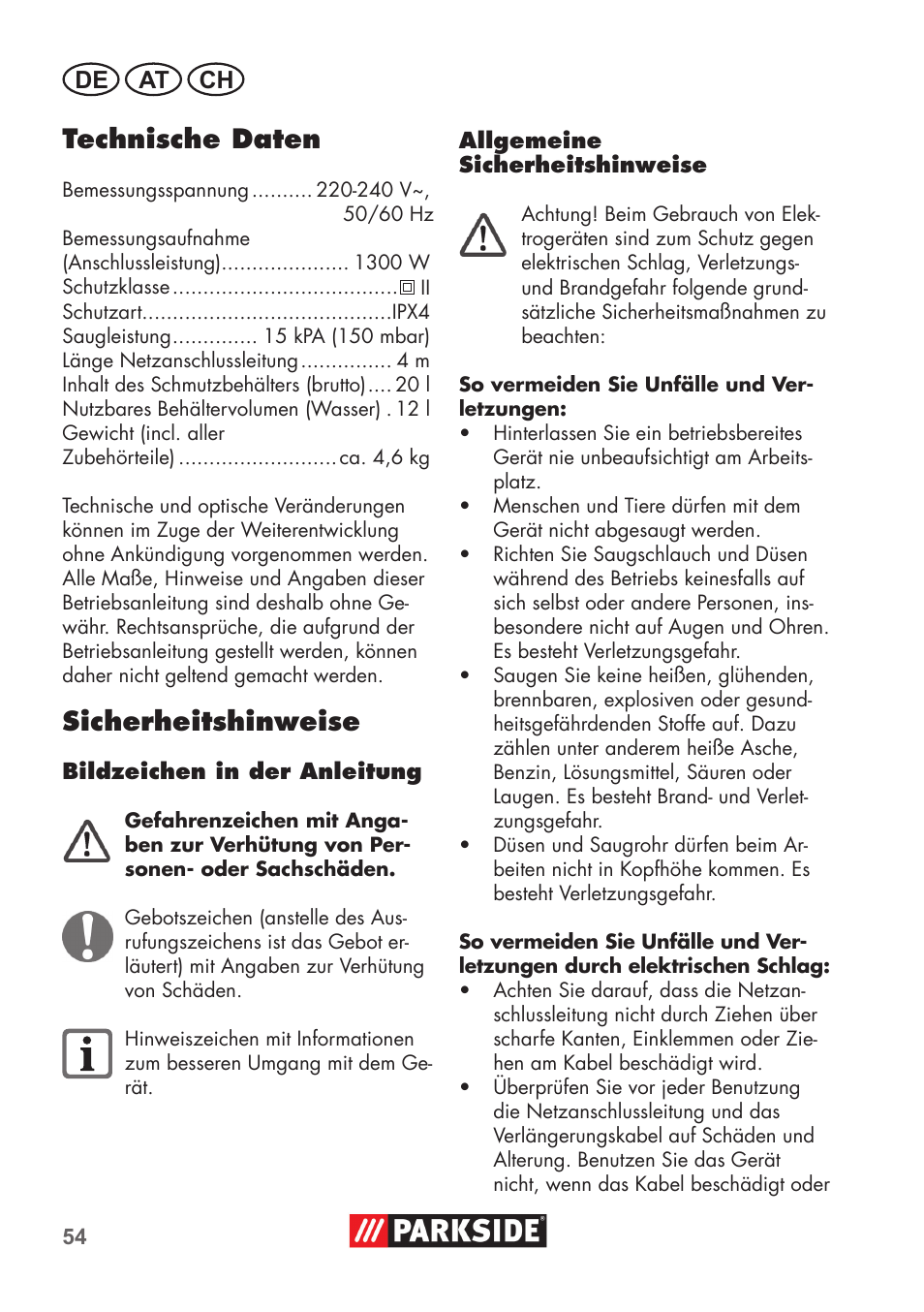 Technische daten, Sicherheitshinweise, De at ch | Parkside PNTS 1300 C3 User Manual | Page 54 / 68