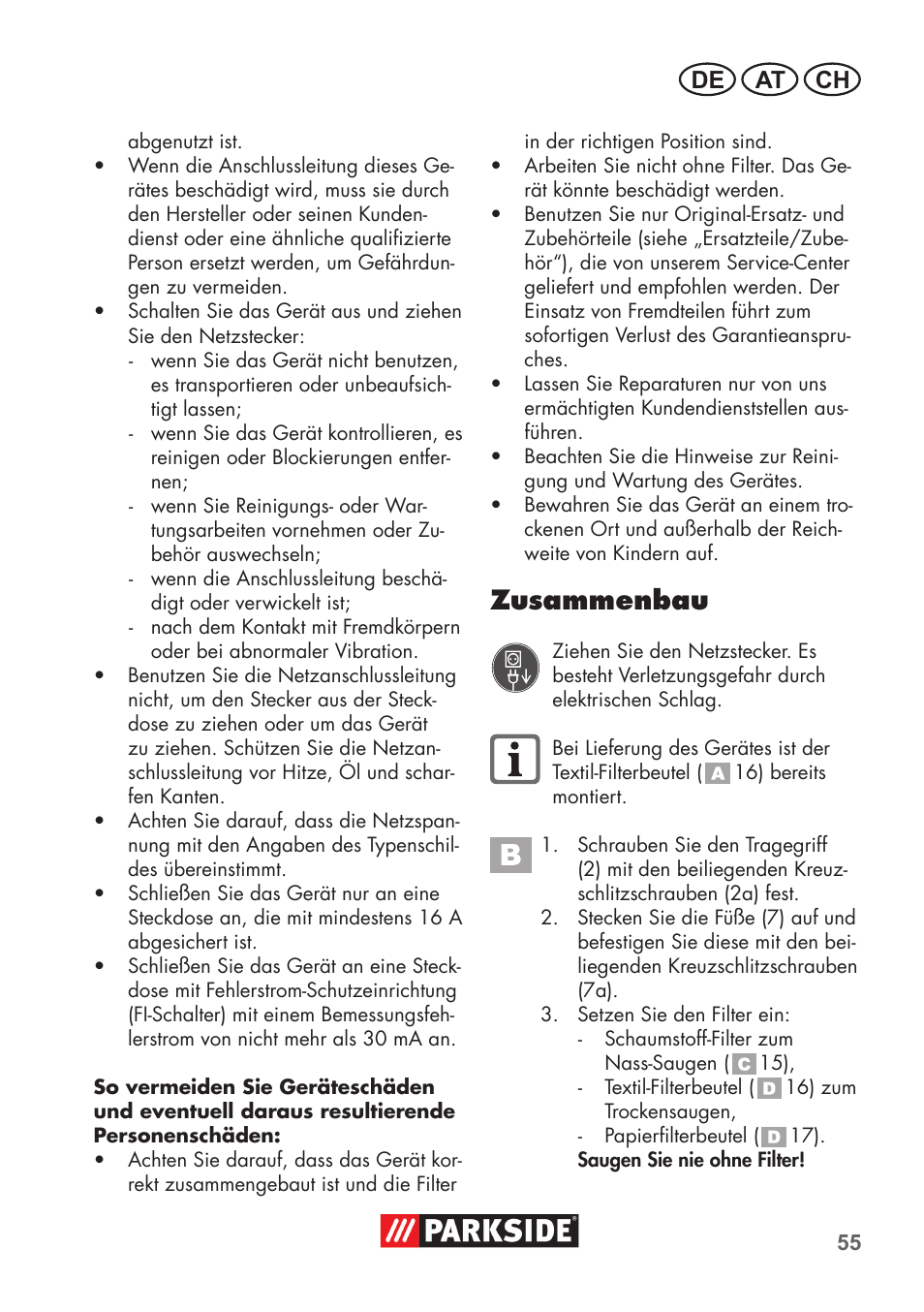 Zusammenbau, De at ch | Parkside PNTS 1300 C3 User Manual | Page 55 / 68