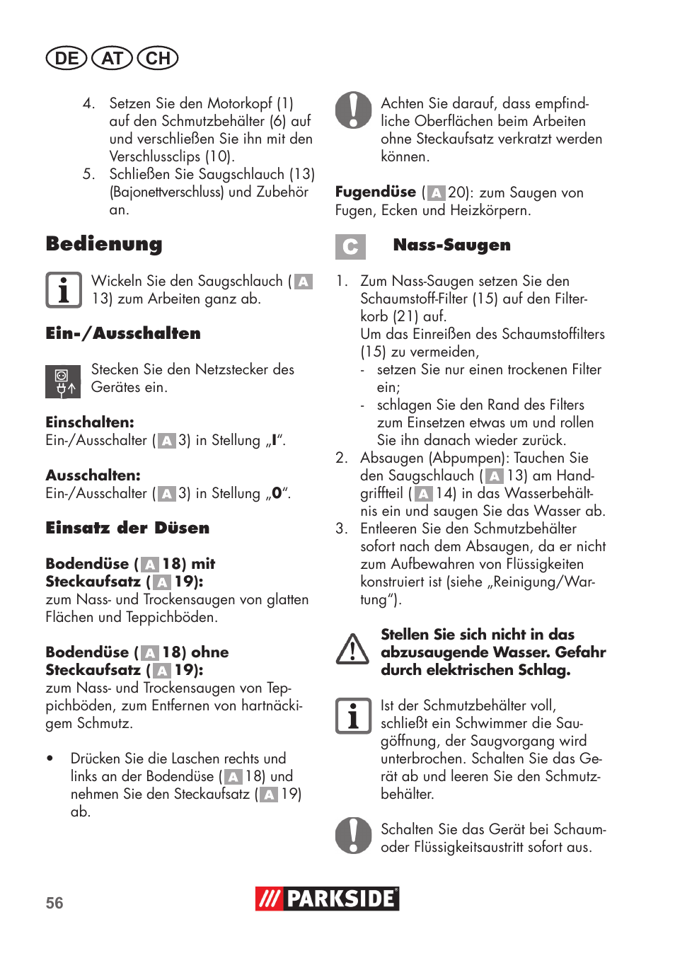Bedienung, De at ch | Parkside PNTS 1300 C3 User Manual | Page 56 / 68