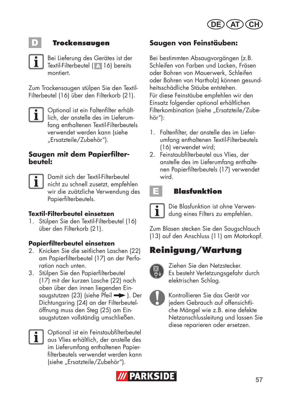 Reinigung/wartung, De at ch | Parkside PNTS 1300 C3 User Manual | Page 57 / 68