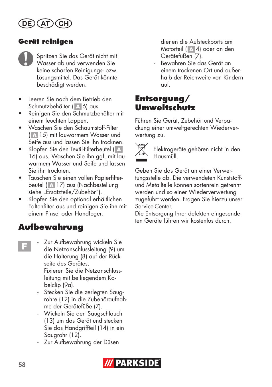 Aufbewahrung, Entsorgung/ umweltschutz, De at ch | Parkside PNTS 1300 C3 User Manual | Page 58 / 68