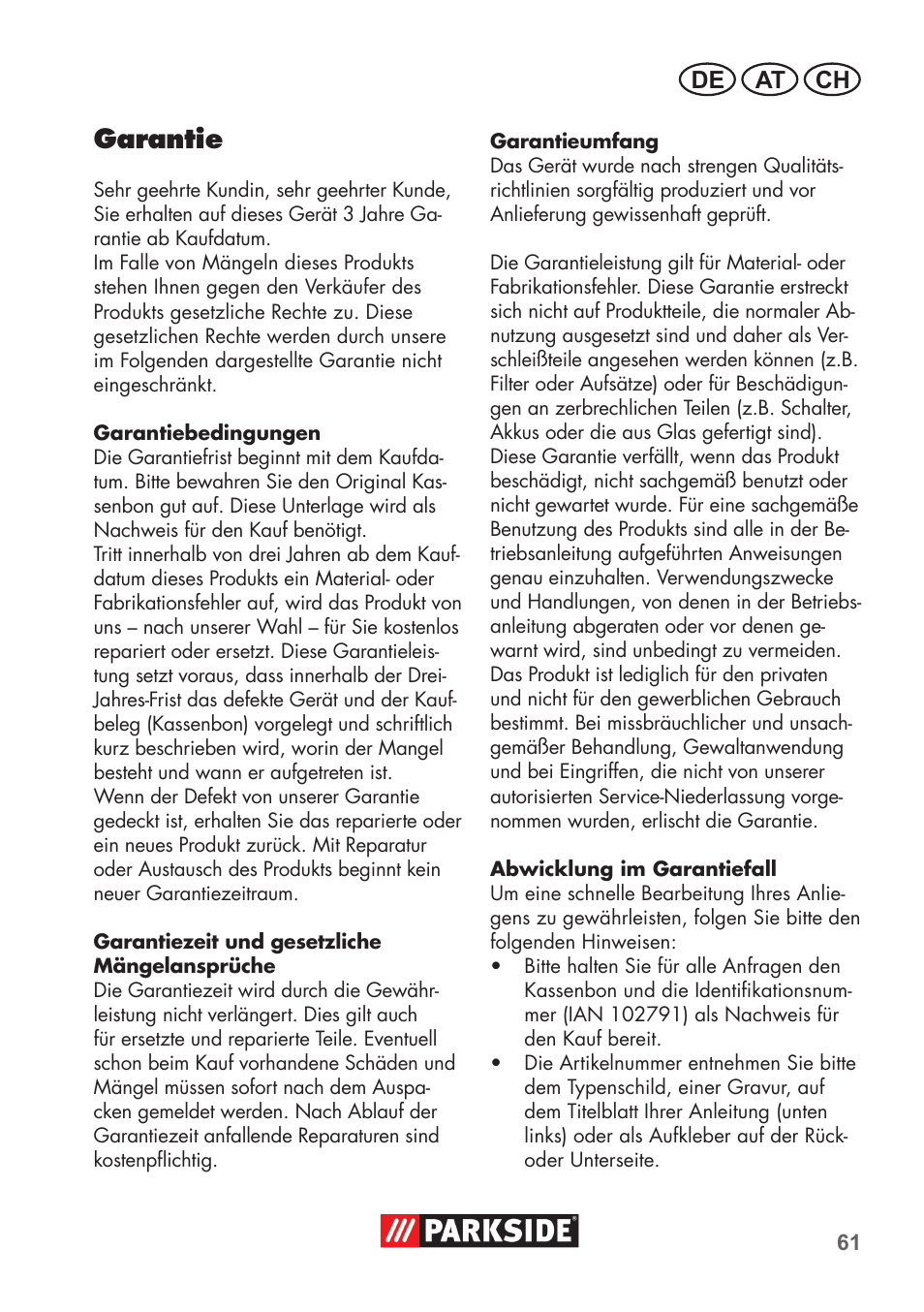 Garantie, De at ch | Parkside PNTS 1300 C3 User Manual | Page 61 / 68