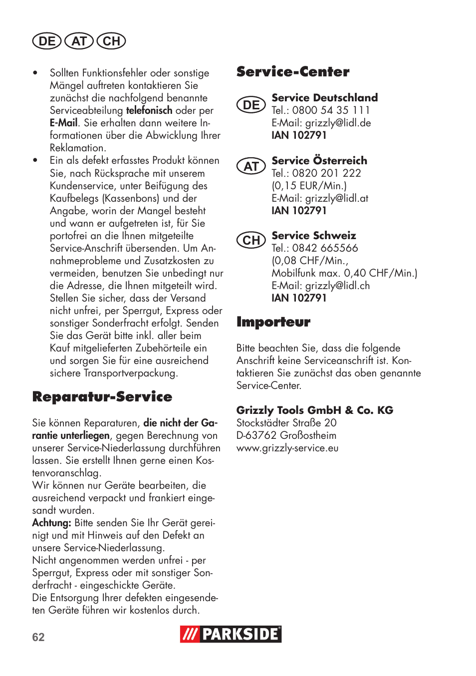 Reparatur-service, Service-center, Importeur | De at ch | Parkside PNTS 1300 C3 User Manual | Page 62 / 68