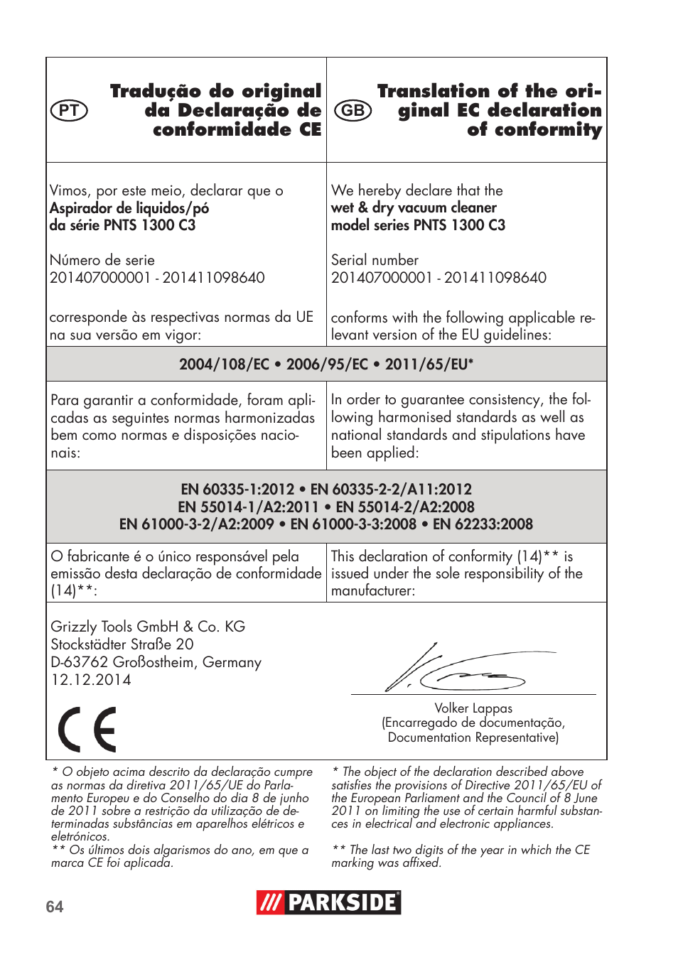 Parkside PNTS 1300 C3 User Manual | Page 64 / 68