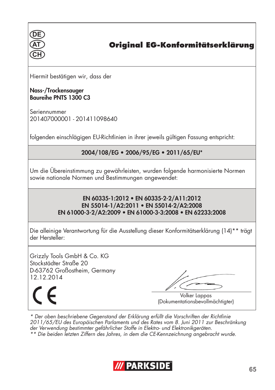 Original eg-konformitätserklärung | Parkside PNTS 1300 C3 User Manual | Page 65 / 68