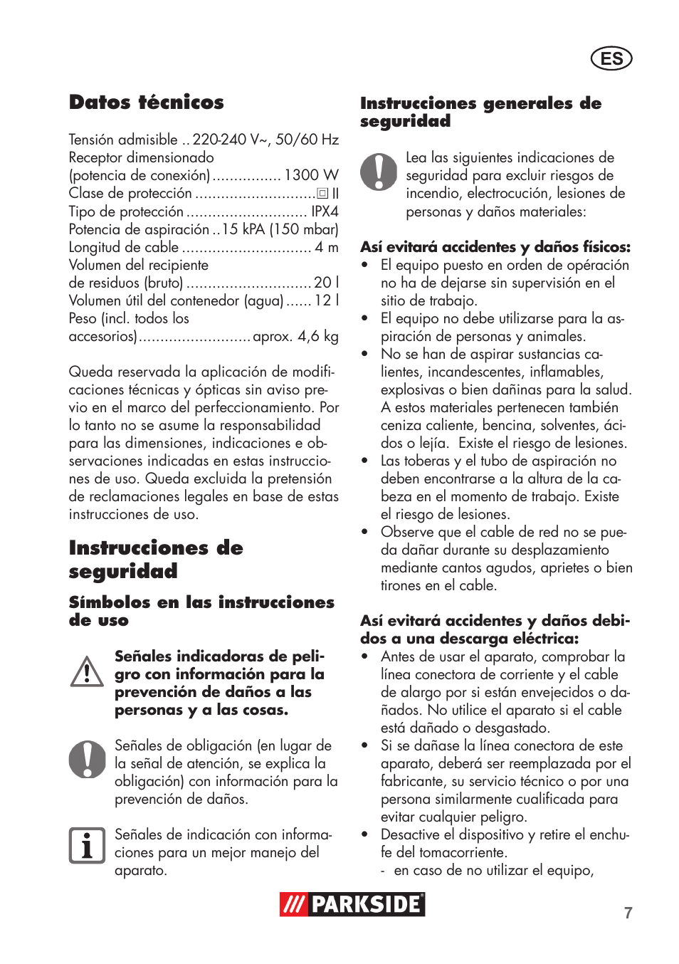 Datos técnicos, Instrucciones de seguridad | Parkside PNTS 1300 C3 User Manual | Page 7 / 68