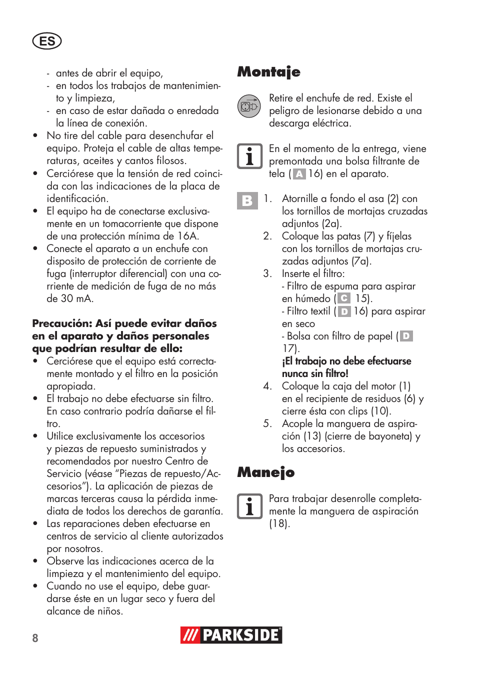 Montaje, Manejo | Parkside PNTS 1300 C3 User Manual | Page 8 / 68